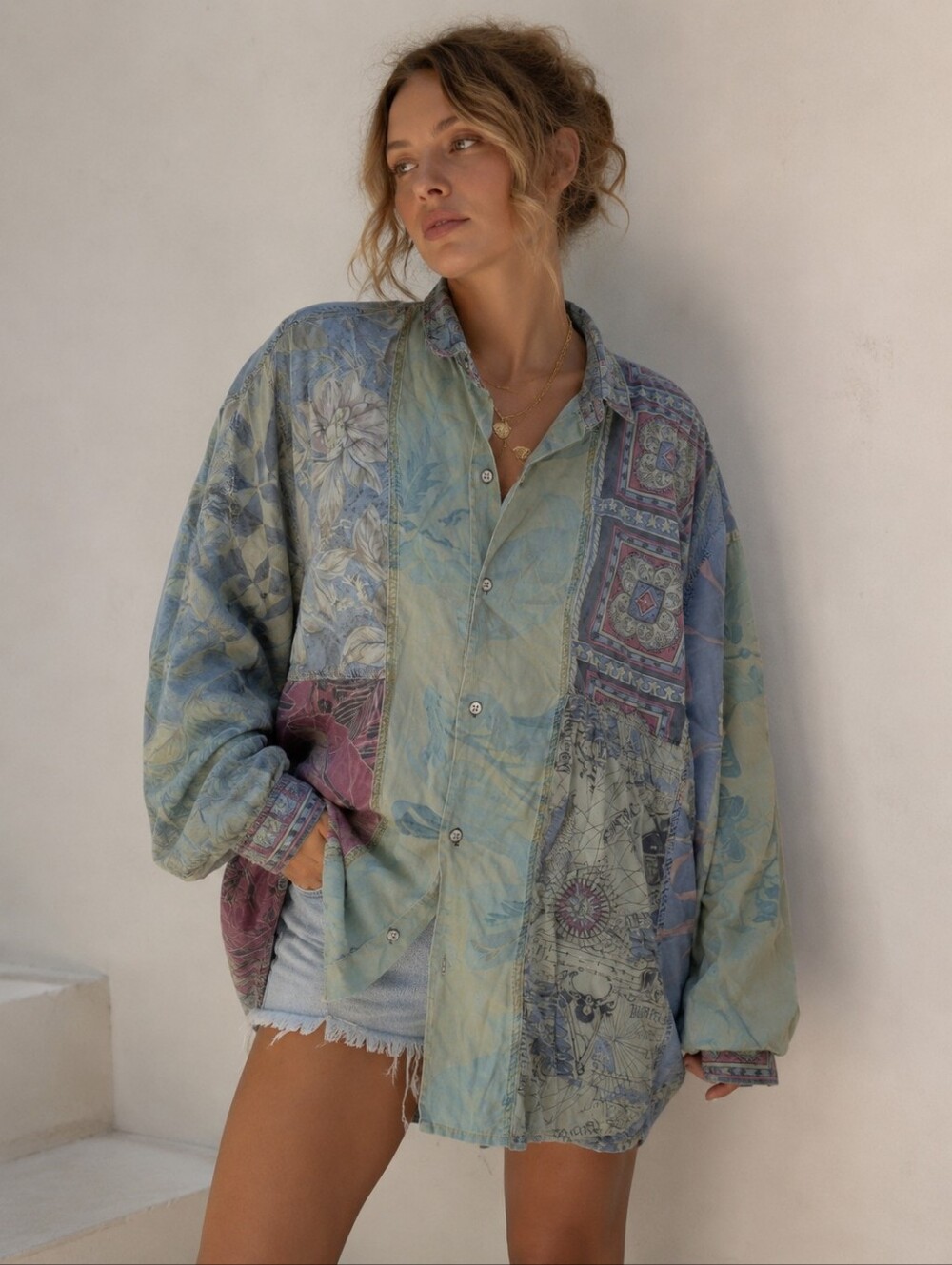 Citron Silk Button Up Long Sleeve Shirt Map Voyager Large